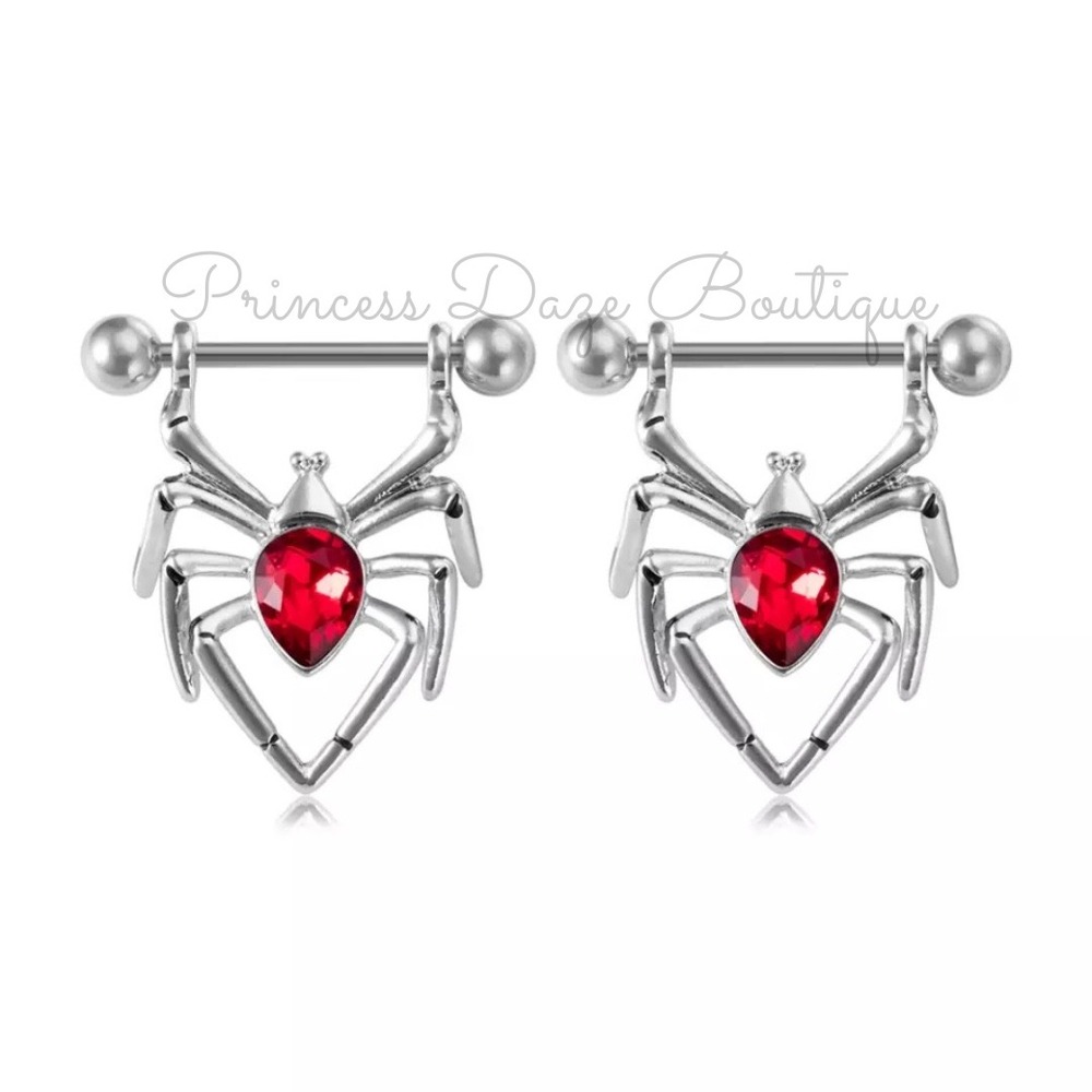 Spider Red Gem Nipple Ring Barbell Set Body Jewelry‎